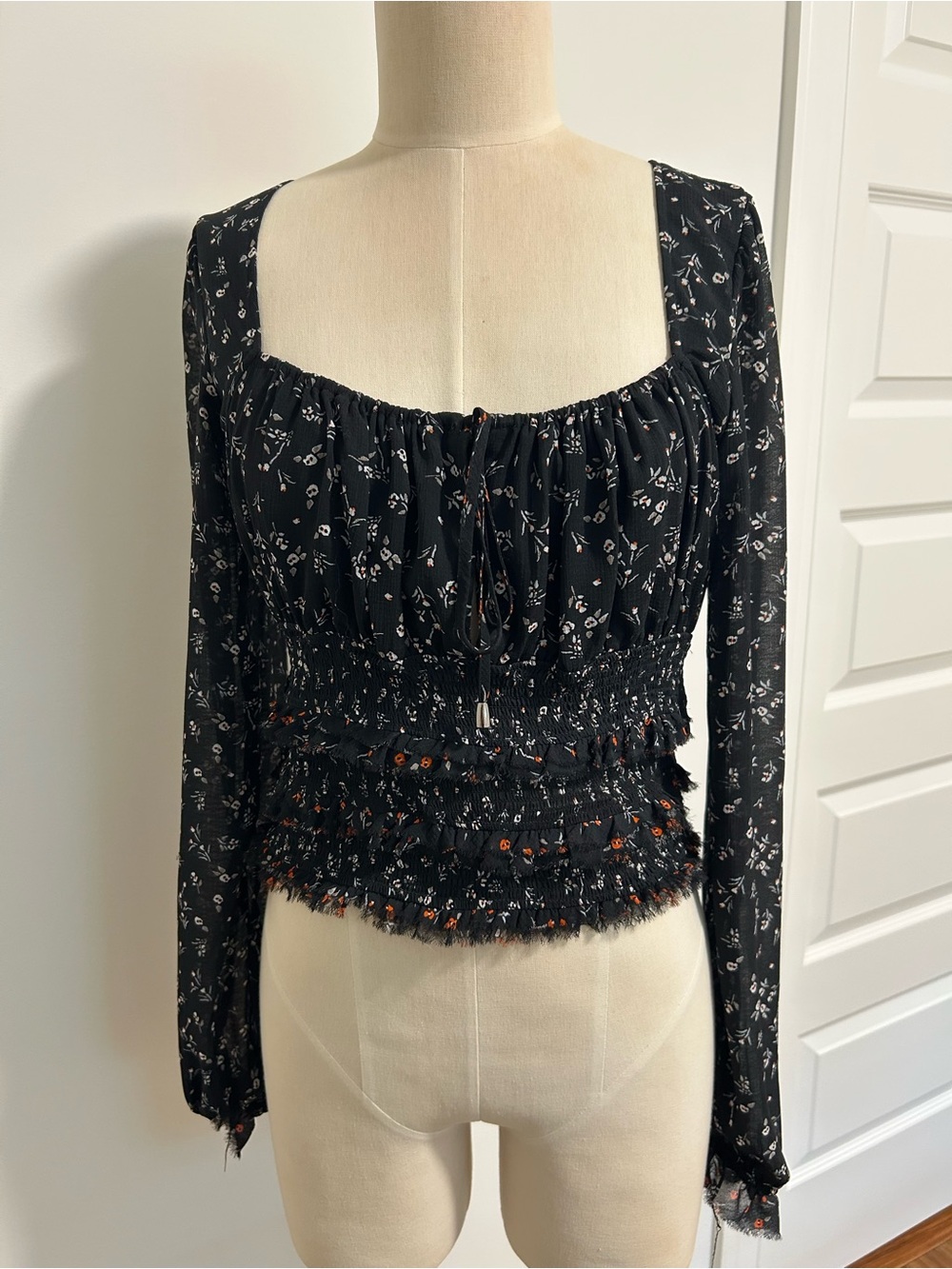 Free People Floral Long-Sleeve Smocked Peasant Top